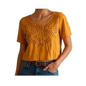 The Hangar Orange Floral Eyelet Blouse Cropped Boho Top Rayon Size M